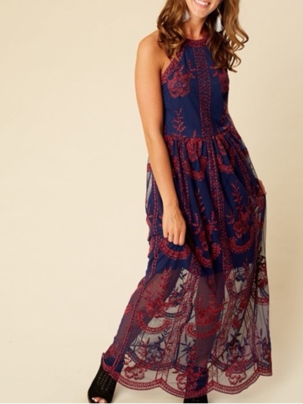 Altar'd State Navy Maxi Dress with Burgundy Embroidery